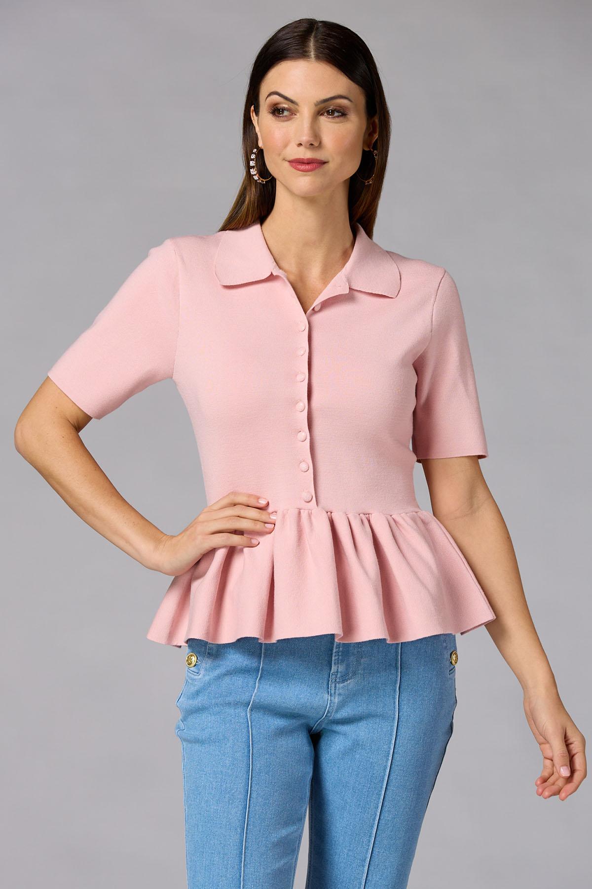 muguet heart button peplum tops ピンク　ペプラム Versona | cache button down peplum sweater