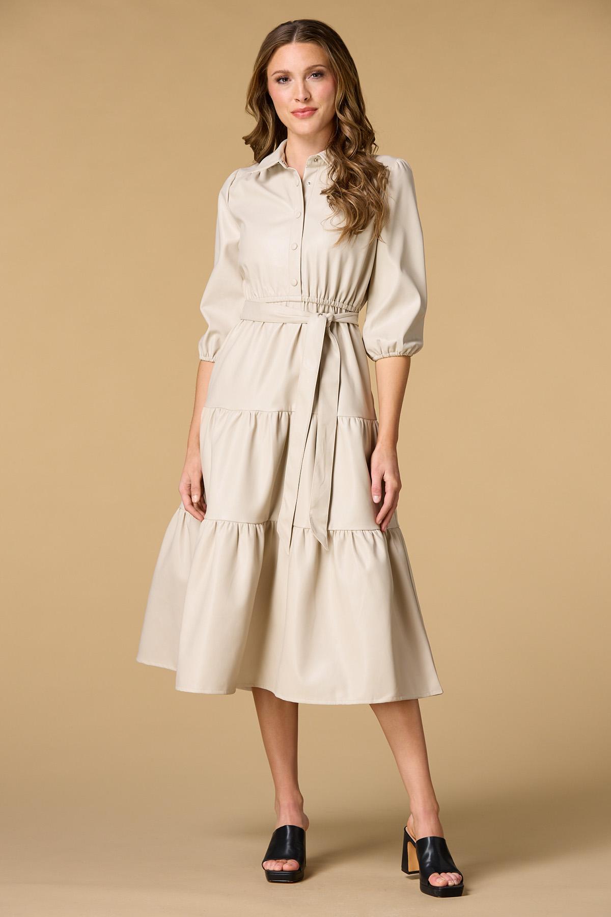 black dress with leather Faux Leather Belted Dress with Ruched Sleeves Burnt Orange / XL main image 1