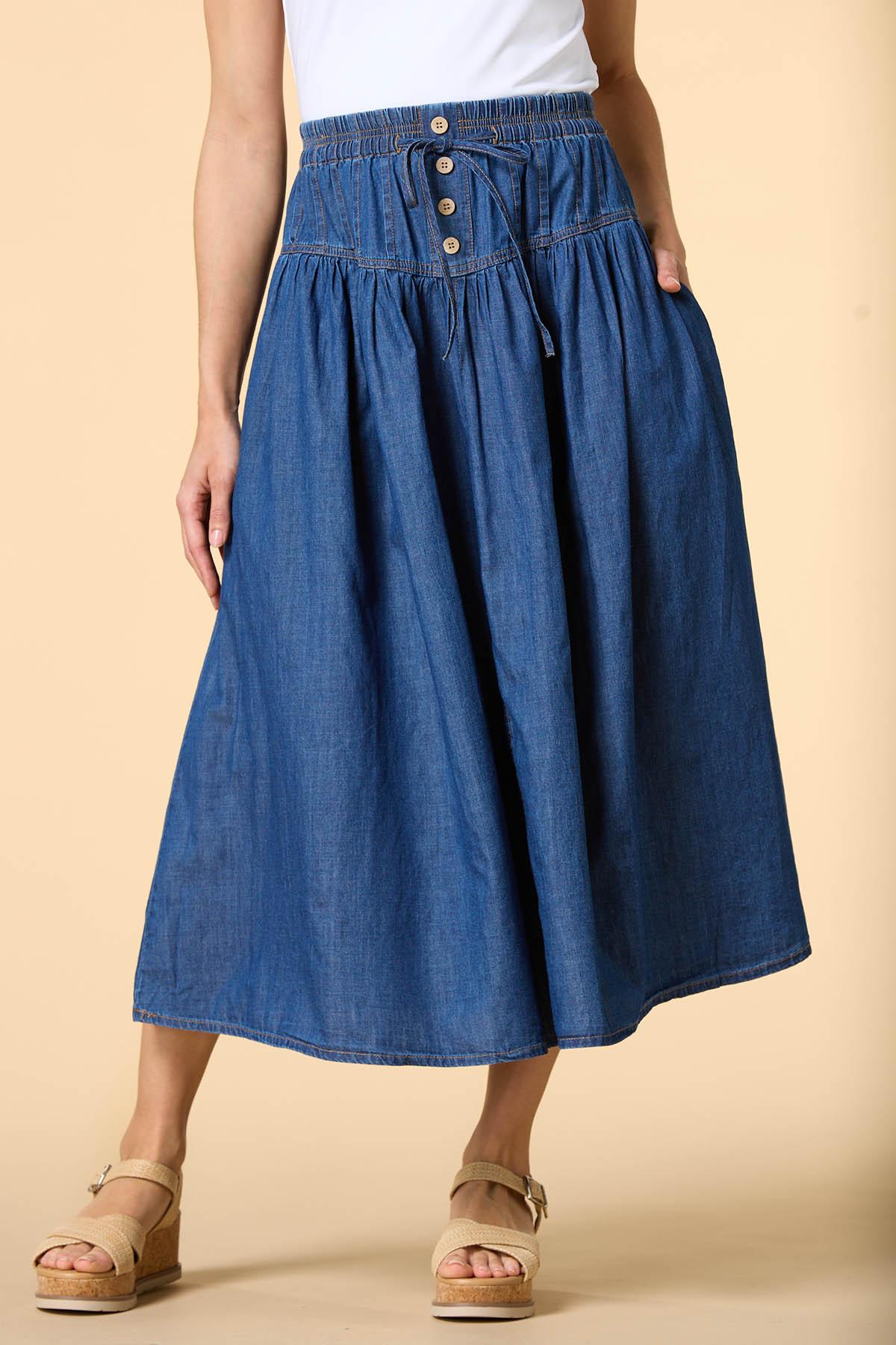 【美品】Chambray Gather Skirt 36 BK Hilda Gathered Maxi Skirt | Denim Chambray | No More Nobody