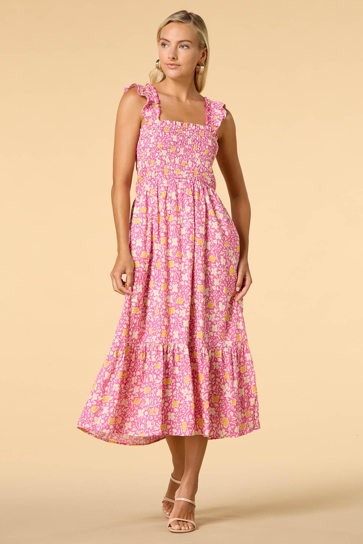 knee length dresses for ladies Charming Smile Pink Mix Floral Midi Dress