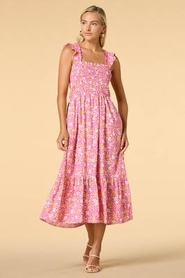 pink boutique midi dresses Pink Sunset A-Line Midi Dress | Tiered Embroidered Midi Dress