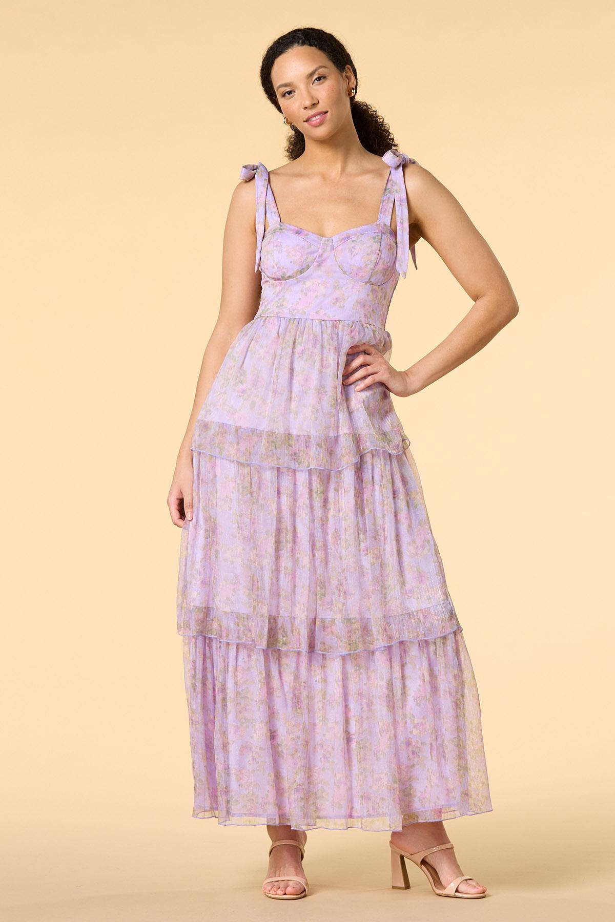lavender flowy dress Dark Lavender Maxi Dress with Silver Lace Detail main image 0