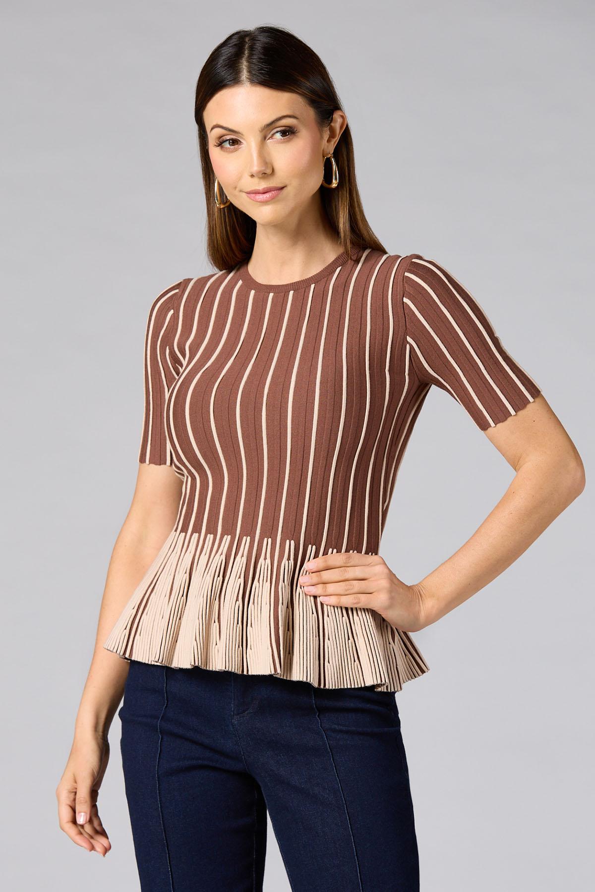 Versona | cache striped peplum top- brown