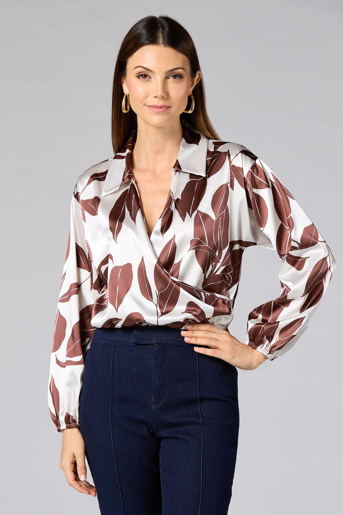 Versona | cache brown floral satin wrap top