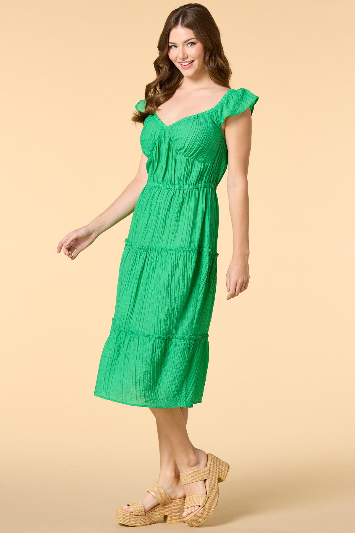 green solid dress Lush Green V-Neck Dress– Be Yourself main image 1