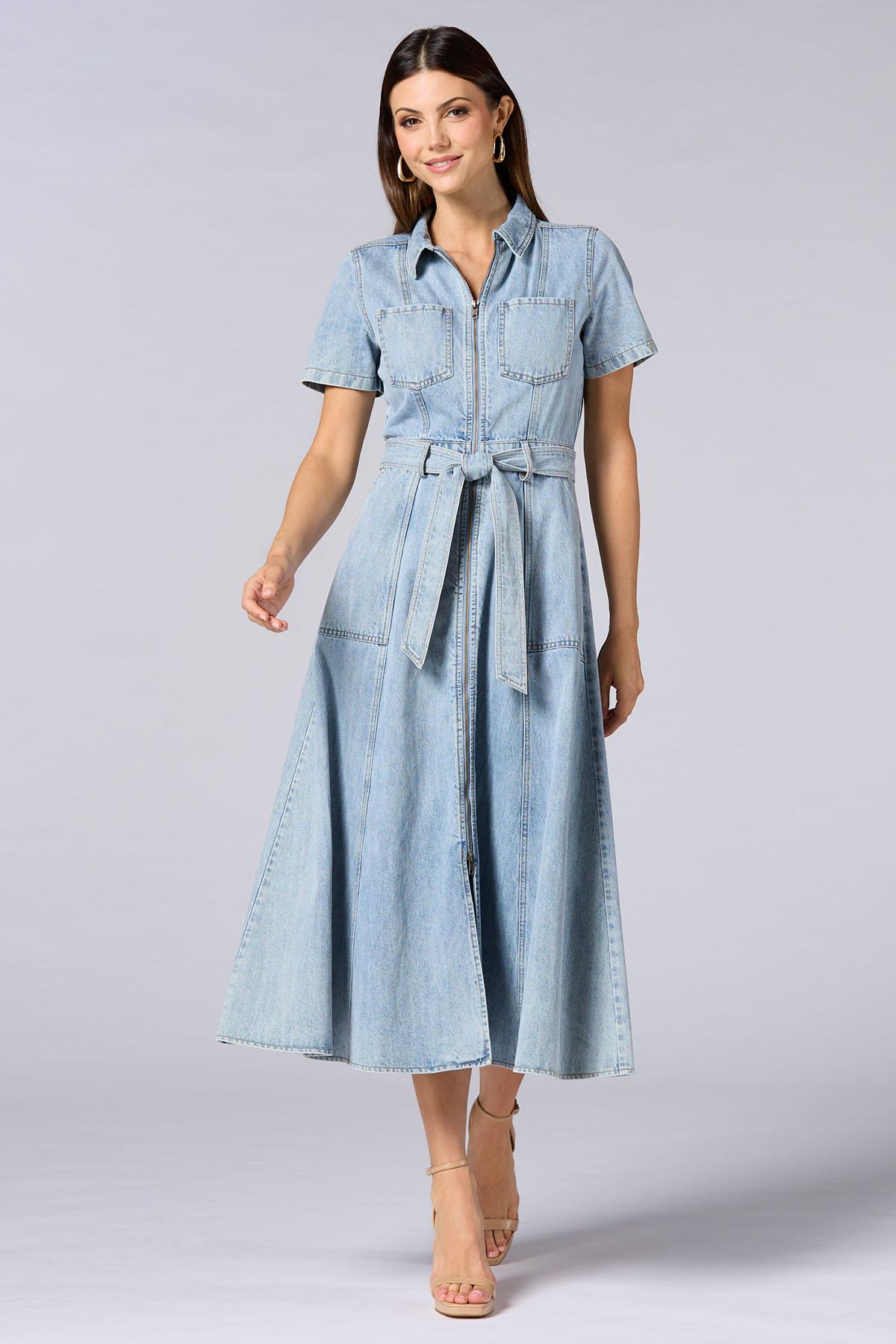denim midi dress with sleeves Whistles Petite Short Sleeve Size 16 fabric belt to define the waist or create a relaxed silhouette Versona | cache zip front