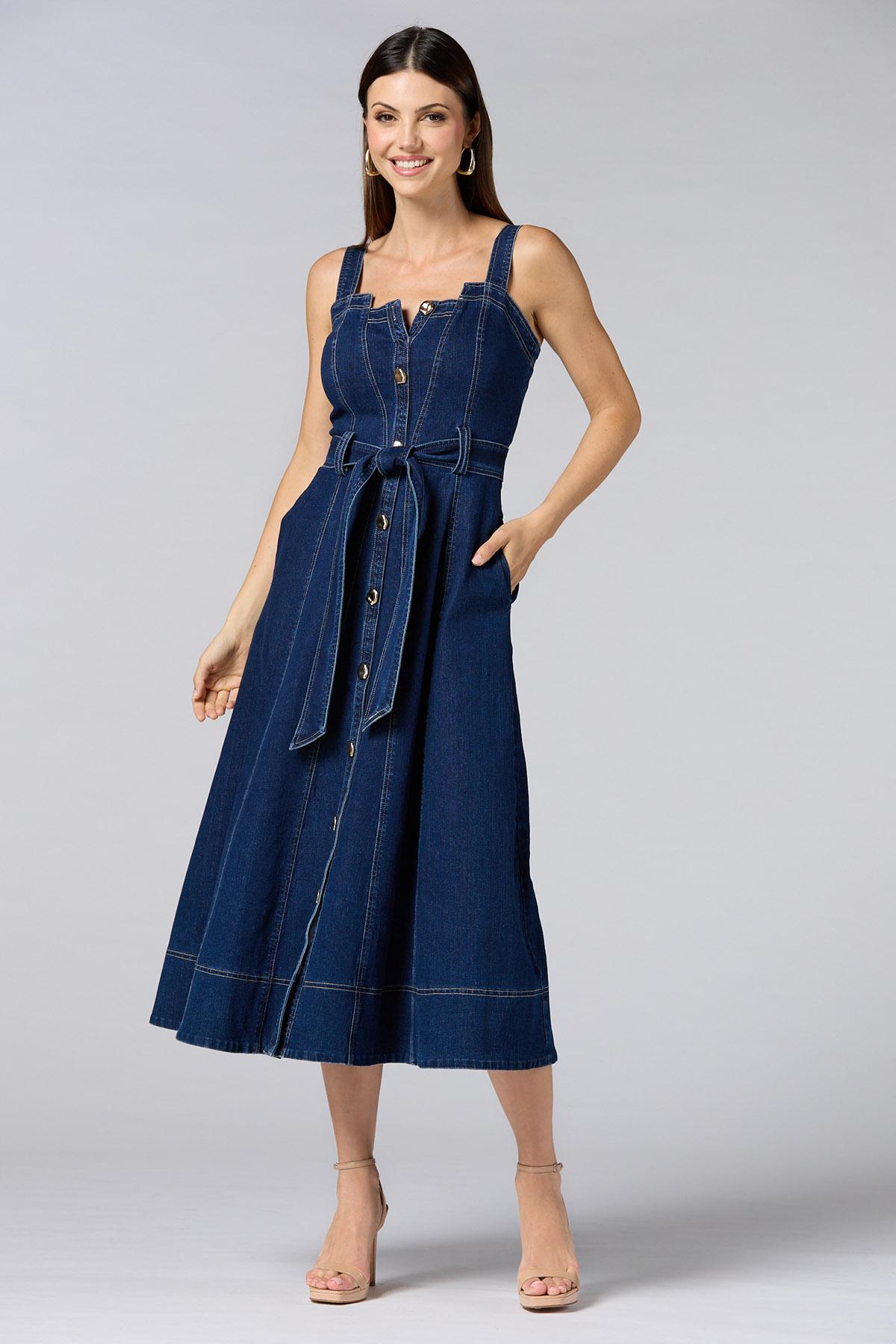 denim button front midi dress Cache Denim Button Down Midi Dress