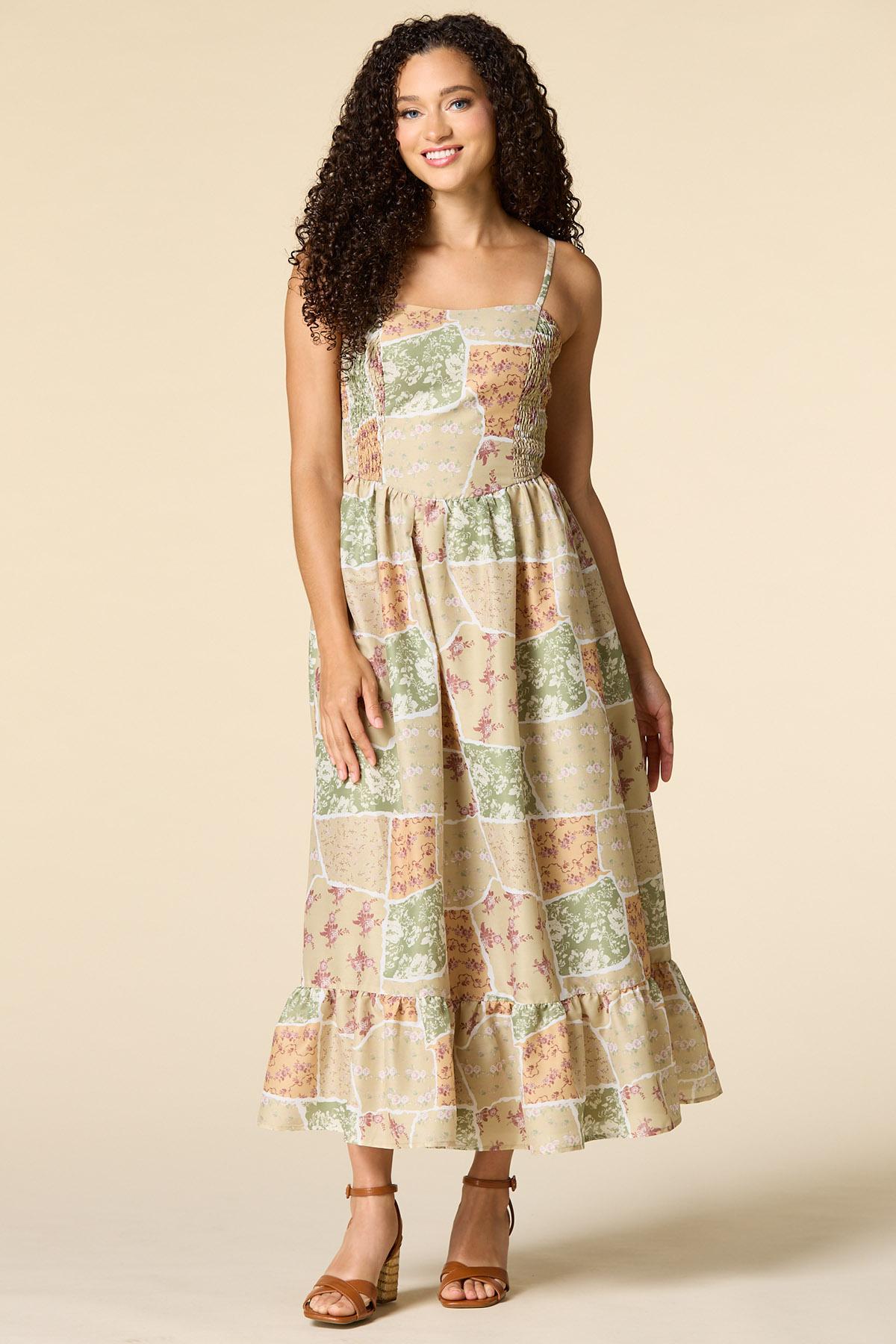 floral garden party dress VINTAGE PRINT PLEATED SURPLICE NECKLINE SILKY TAFF – Vintage Clothing & Fashions rose and tarragon on ivory Summer Garden Party Dress: Floral