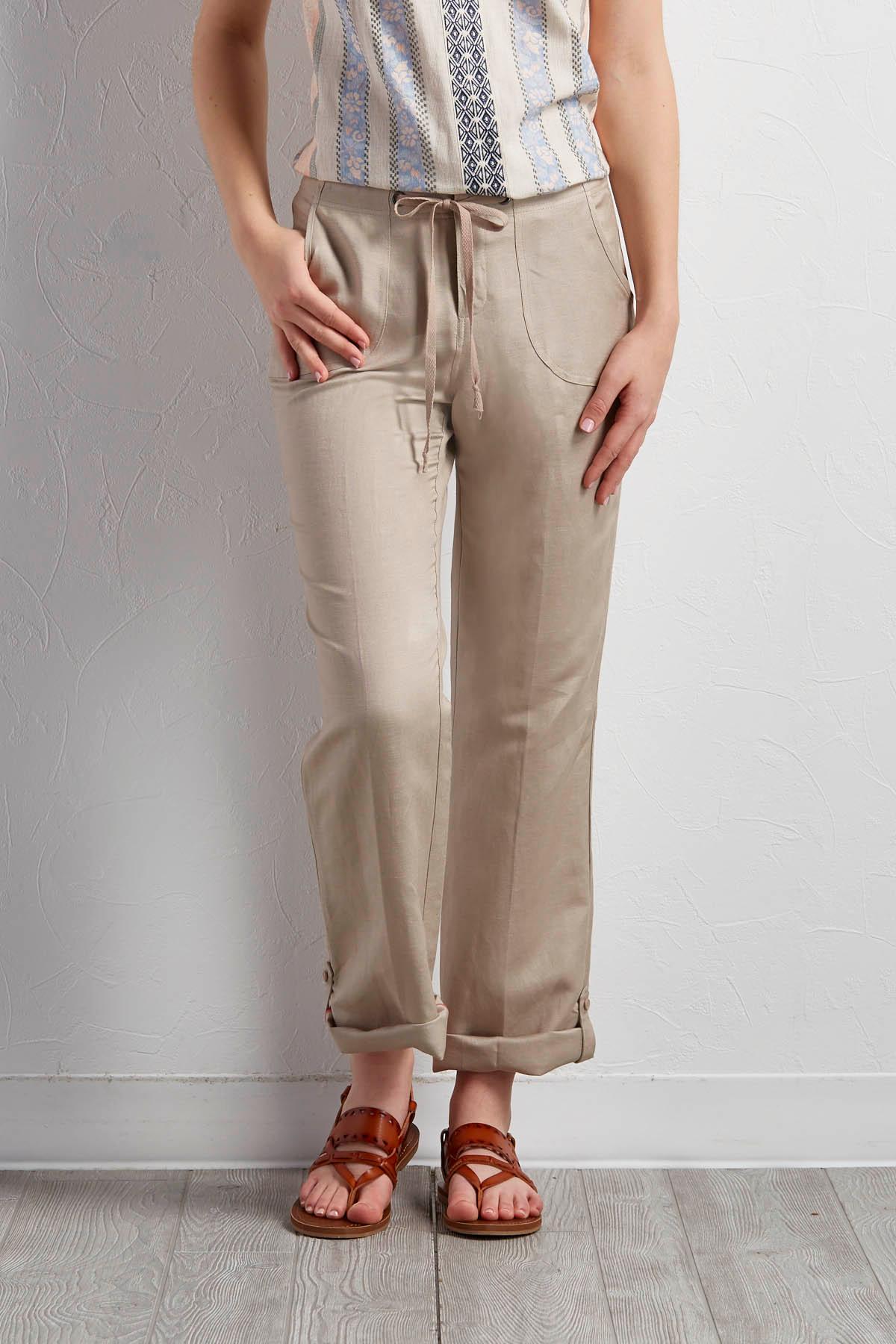 Drawstring Linen Blend Crop Pants