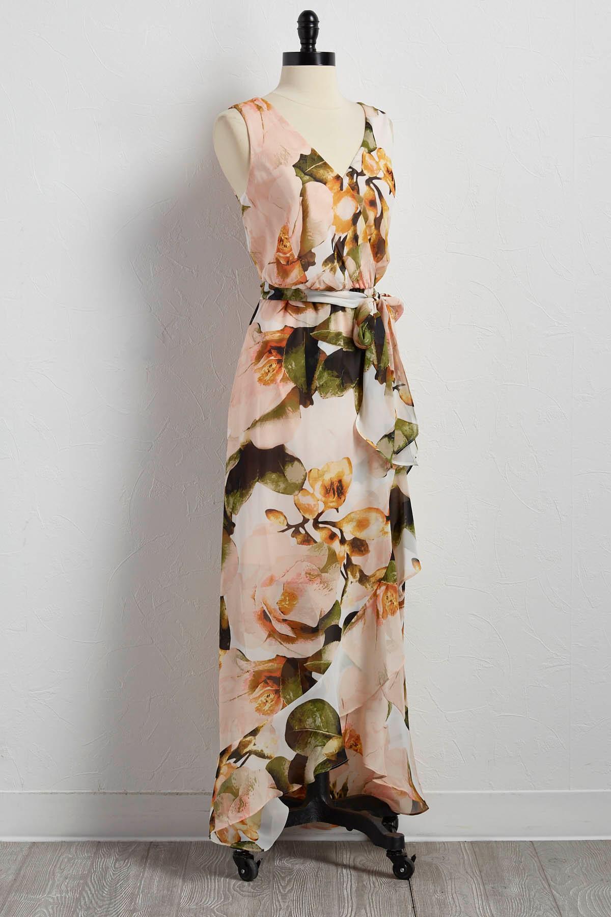 Belted Faux Wrap Floral Maxi Dress