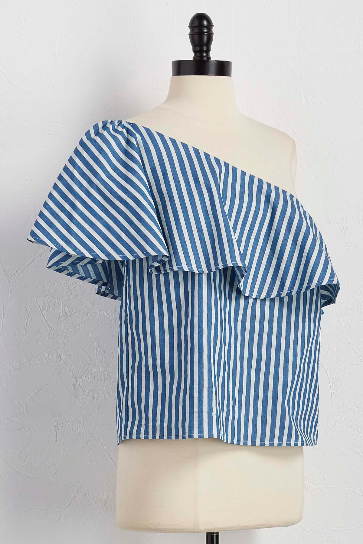 Flounced One Shoulder Striped Top
