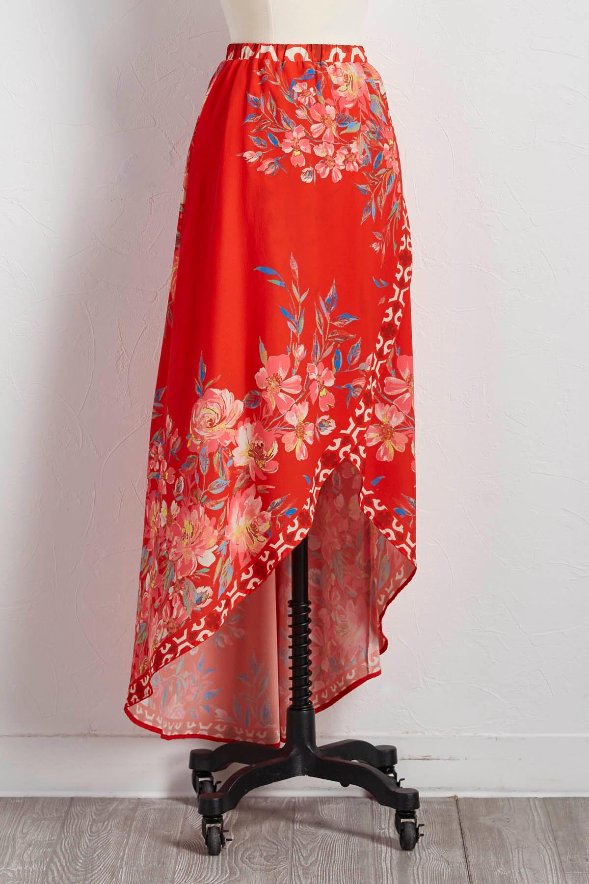 button front floral drop hem maxi skirt