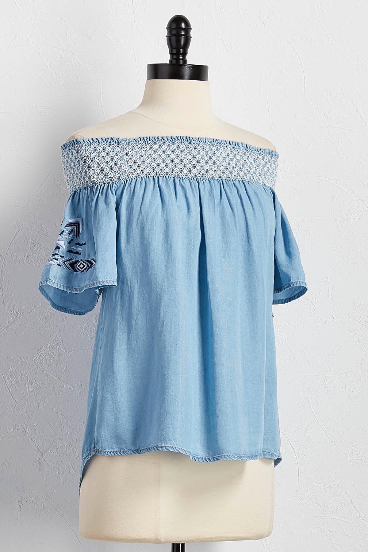 Embroidered Chambray Off The Shoulder Top