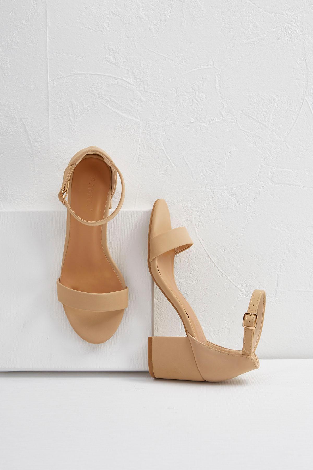 tan low block heels