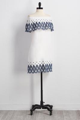 flounced off the shoulder eyelet shift dress