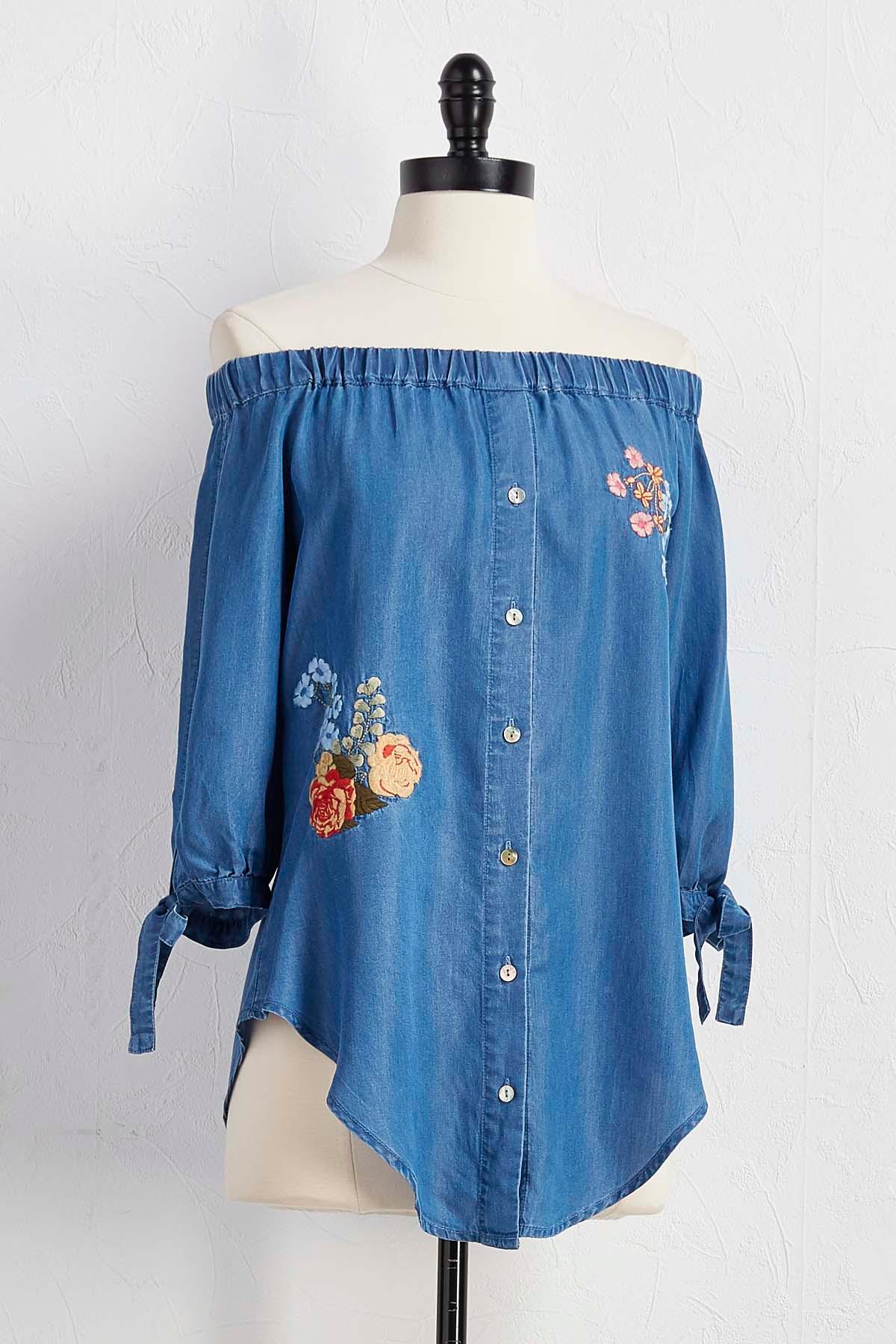Embroidered Off The Shoulder Chambray Top