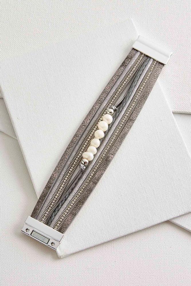 Metallic Faux Leather Pearl Bracelet