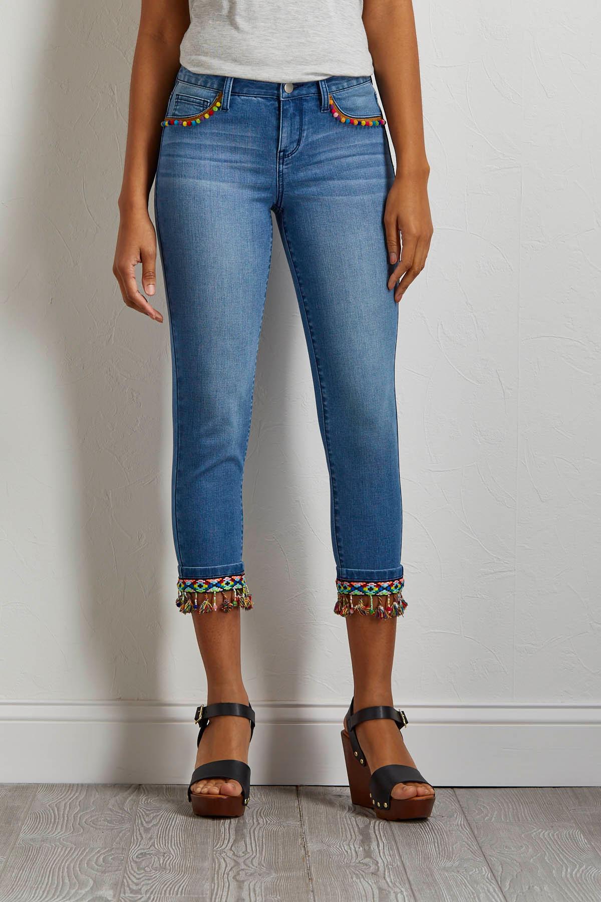 Versona cropped tasseled pompom jeans