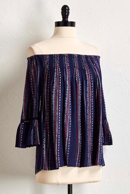 smocked navy off the shoulder top