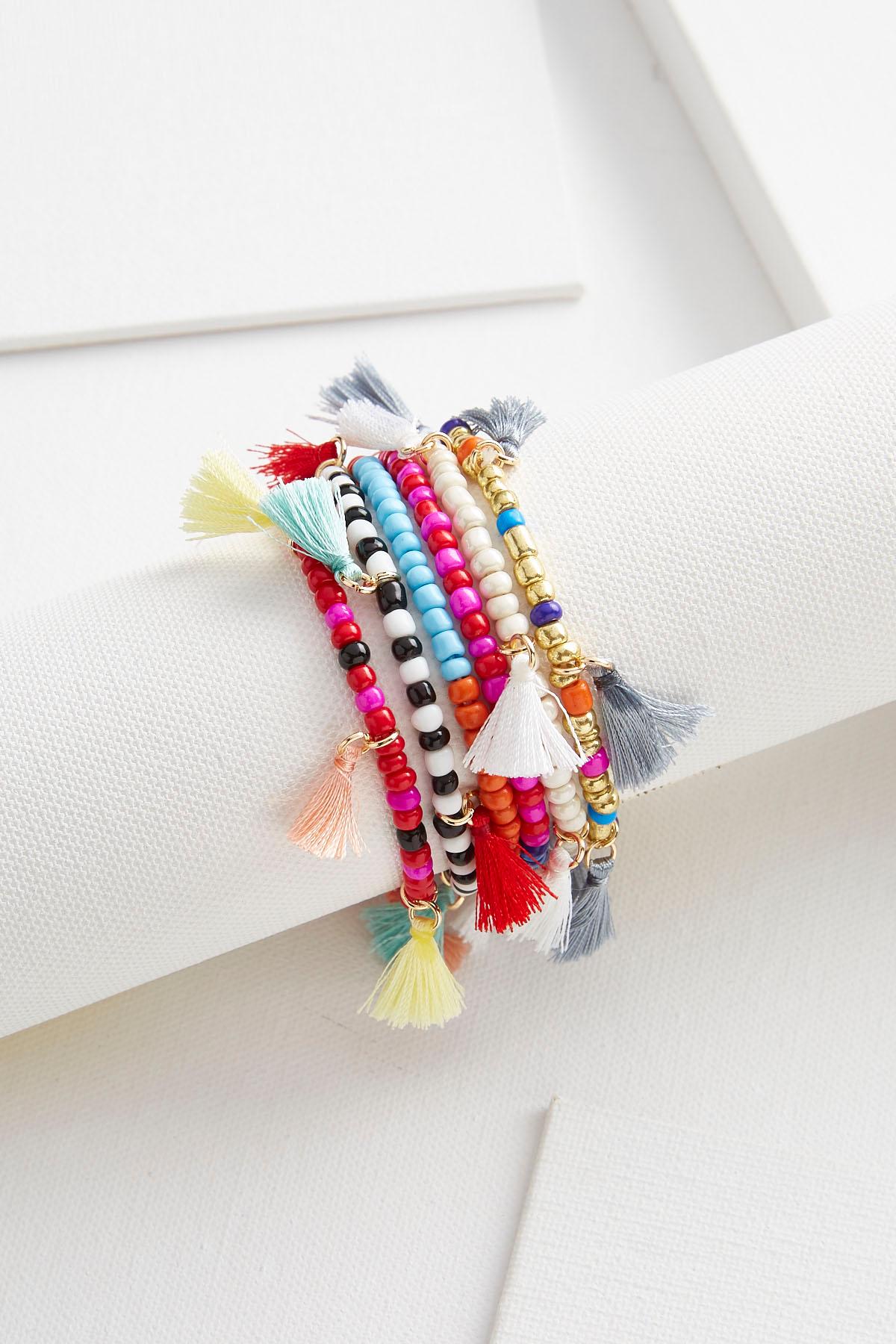 Tasseled Seed Bead Stretch Bracelet Set