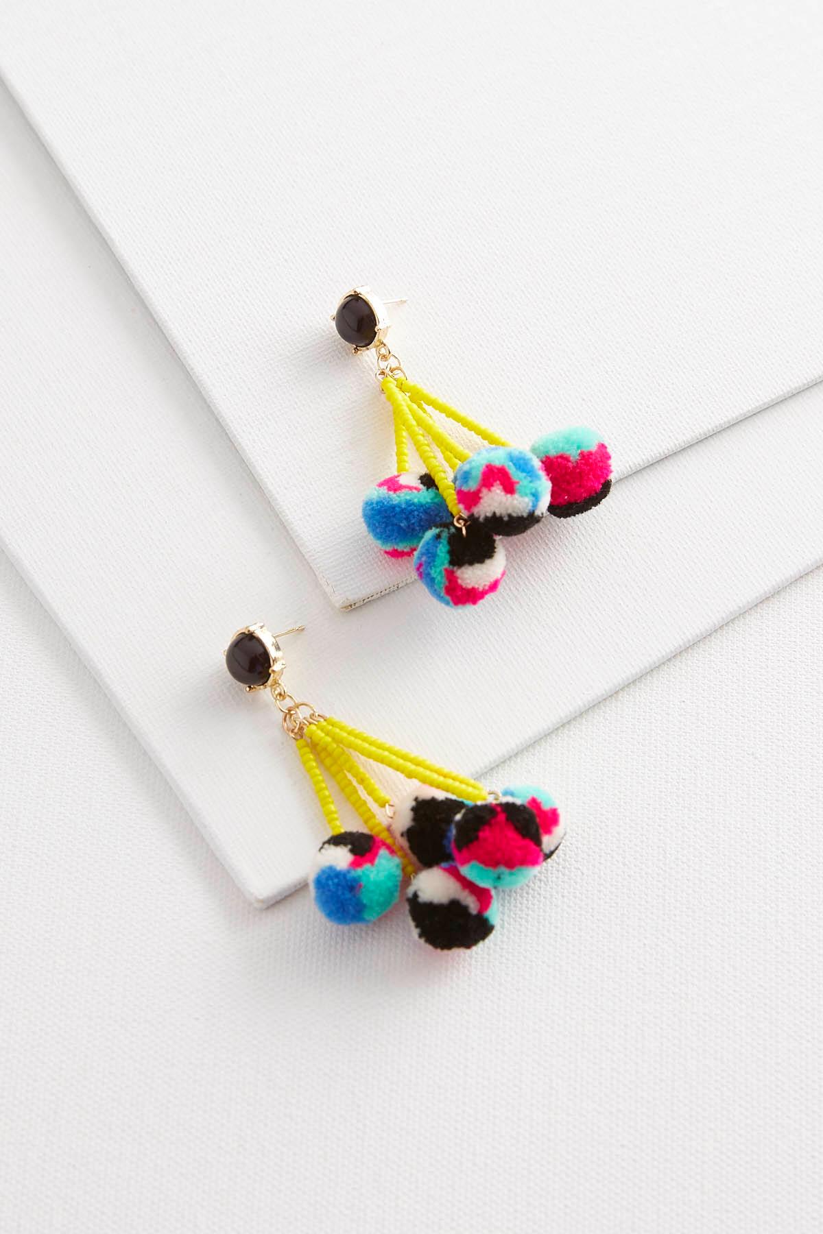 Dangling Bead Pom- Pom Earrings