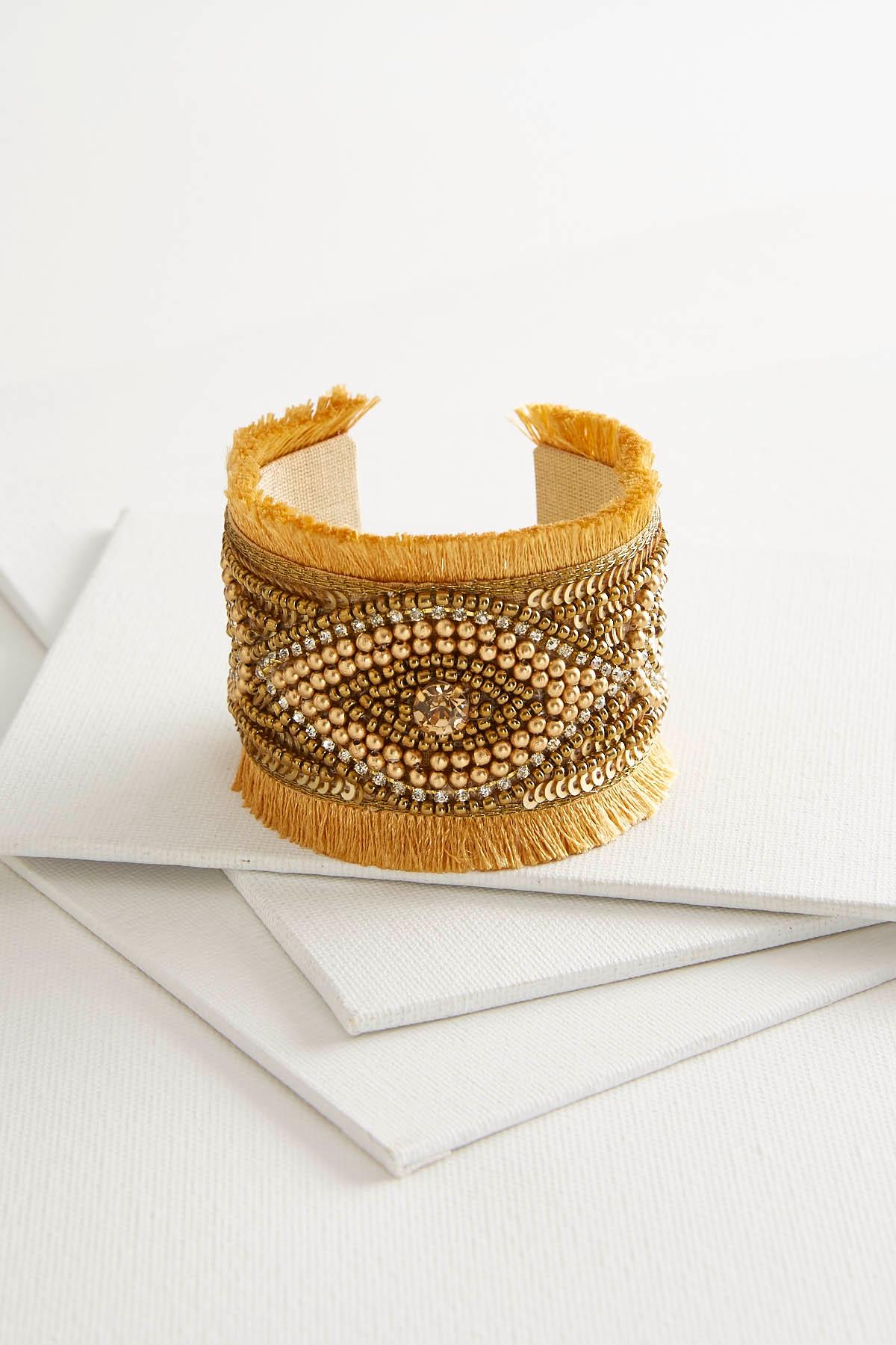 Golden Taupe Fringed Seed Bead Cuff