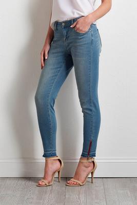 red zipped hem skinny jeans