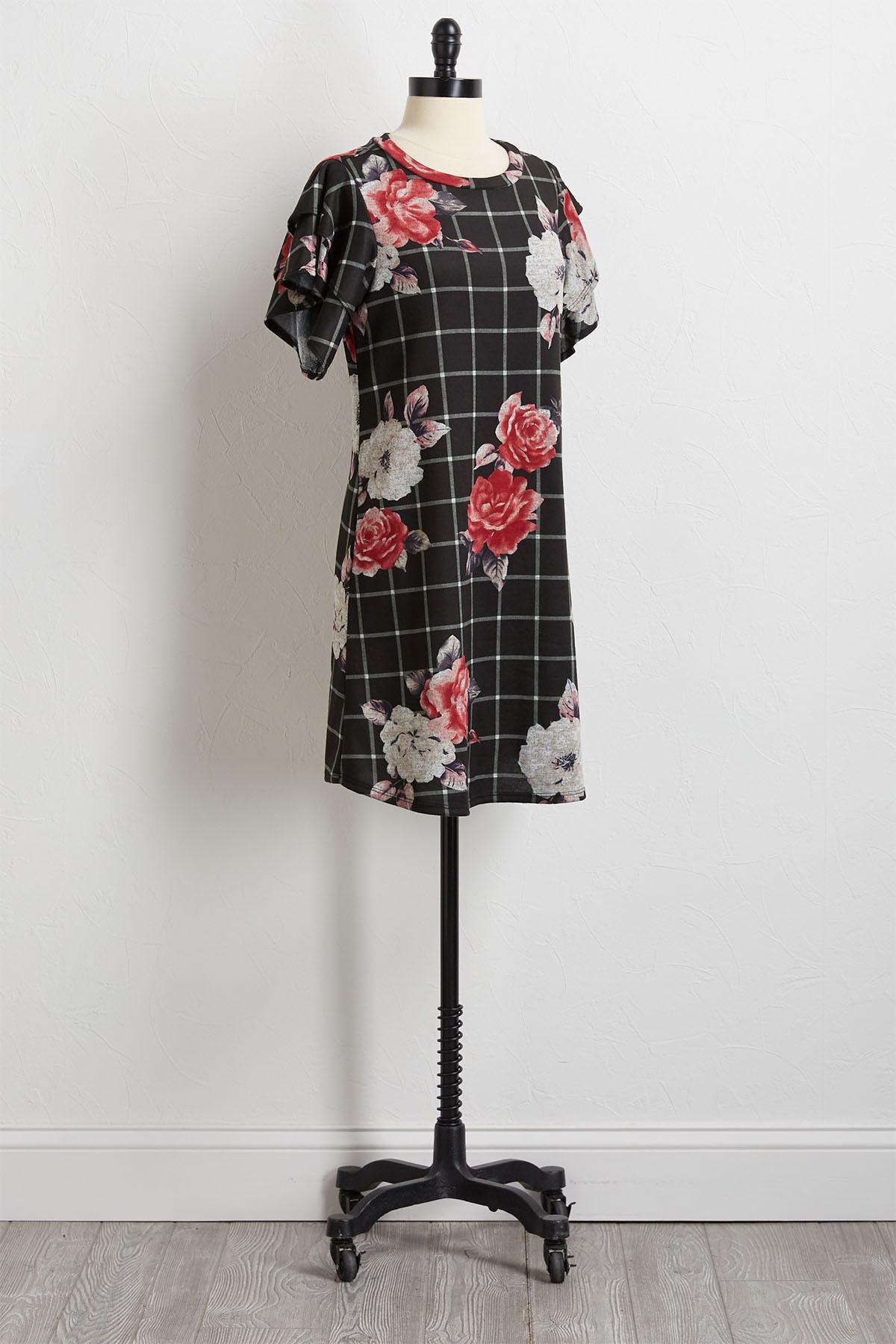 Floral Check Hacci Shift Dress