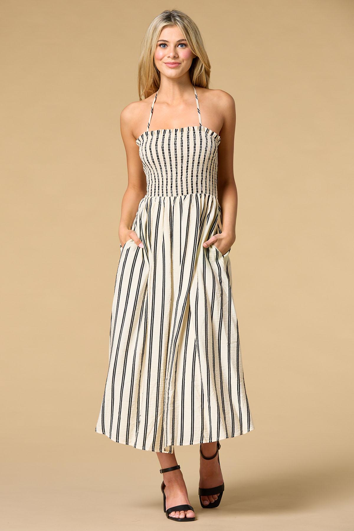 knee length dresses for ladies Navy Pinstripe Felicity Midi Dress