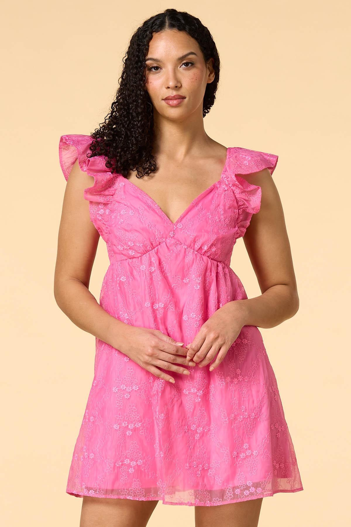 Pink Peony Embroidered Mini Dress