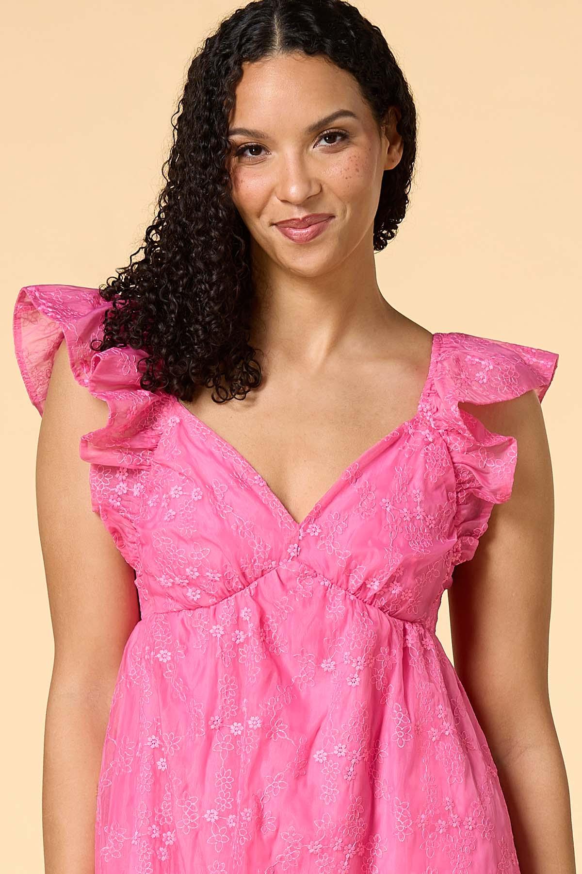 Pink Peony Embroidered Mini Dress