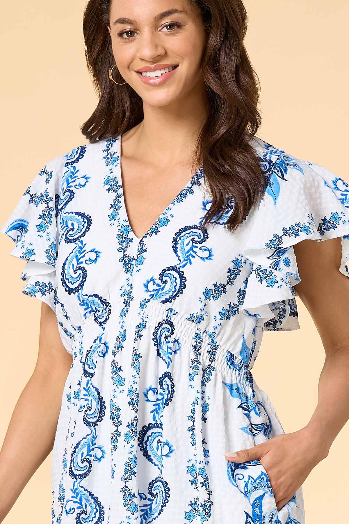 blue white paisley dress Paisley Satin Lace Trim Bias Mini Dress