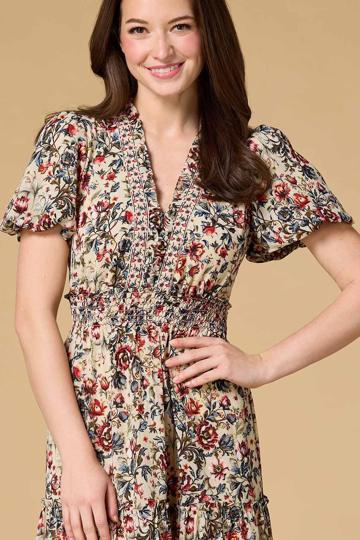 knee length dresses for ladies Womens Puff Botanical Maxi Dress