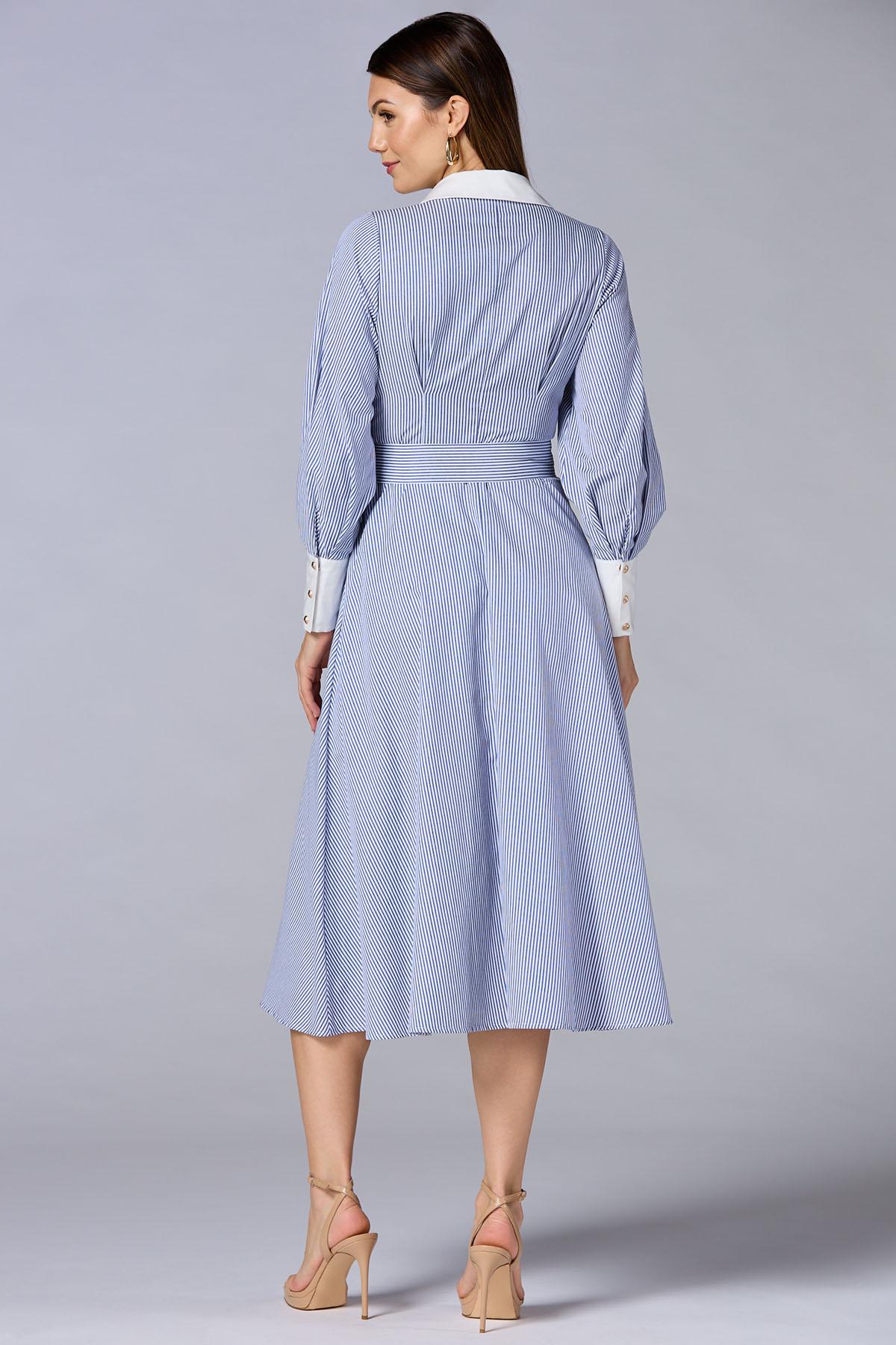 cache contrast trim striped midi shirt dress - Blue