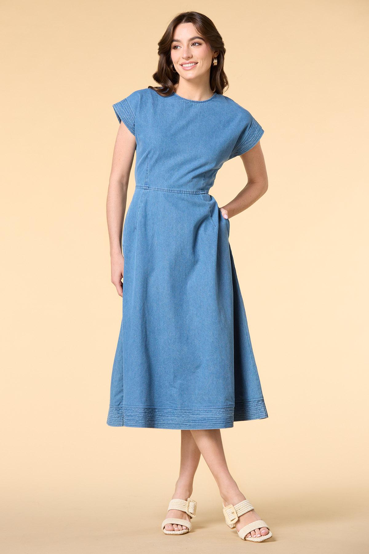 denim midi dress short sleeve Tobie Short Sleeve Denim Midi Dress  Madida Clothing