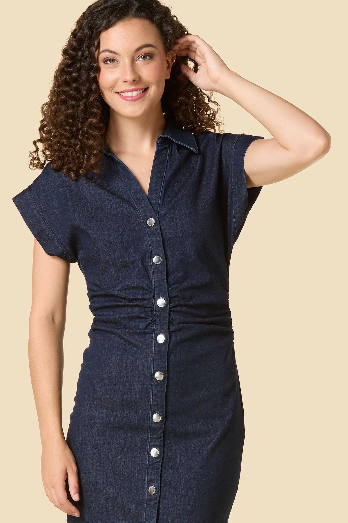 short sleeve denim shirt dress Versona weather ready Women's Denim Shirt Dress V-Neck